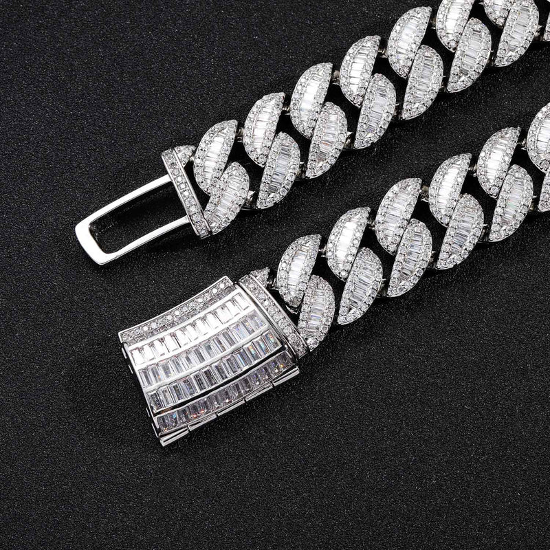 20mm White Gold Baguette Cuban Chain （Moissanite + S925 Available)