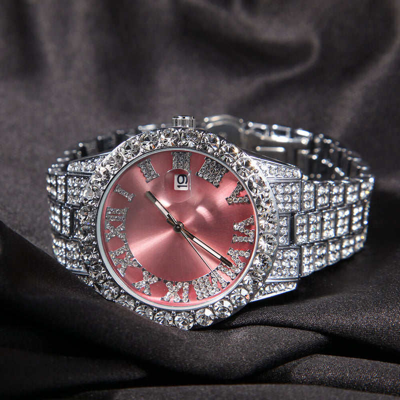 Iced Watch For Couple - Silver Band With Pink Face Koanga