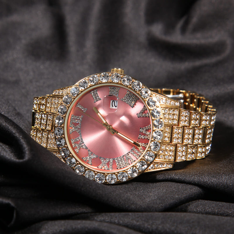 Iced Watch For Couple - Gold Band With Pink Face Koanga