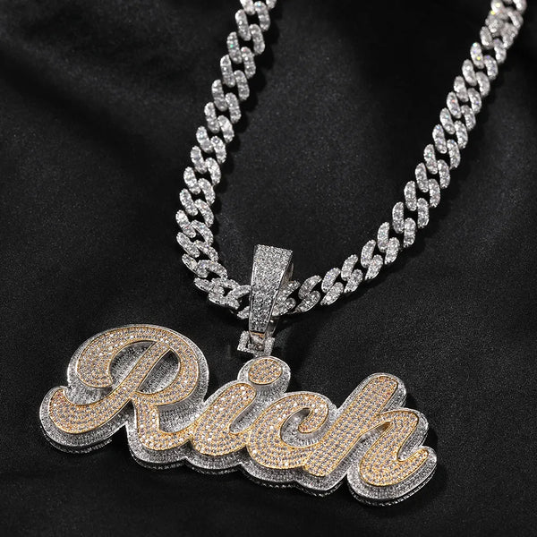 Two Tone + Double Layer Name Pendant With 9mm Cuban Chain