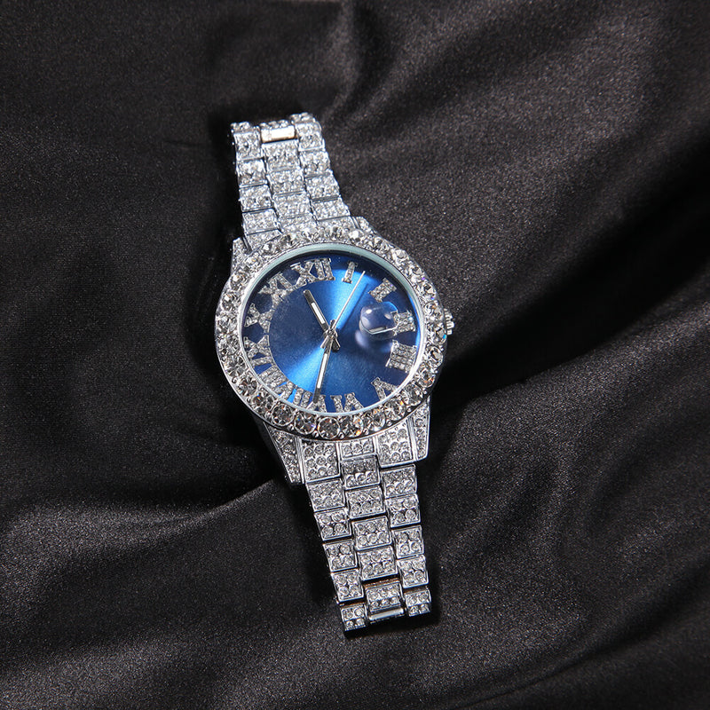 Iced Watch For Couple - Silver Band With Dark Blue Face Koanga