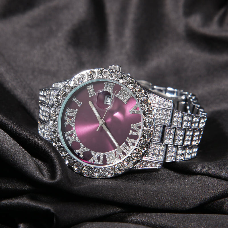 Iced Watch For Couple - Silver Band With Purple Face Koanga