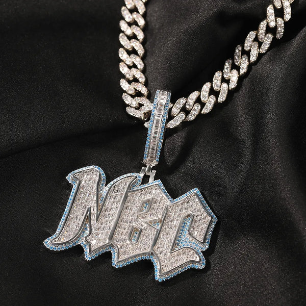 Two Tone + Blue Iced Out Name Necklace 2
