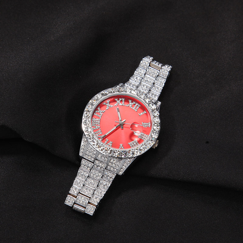 Iced Watch For Couple - Silver Band With Red Face Koanga