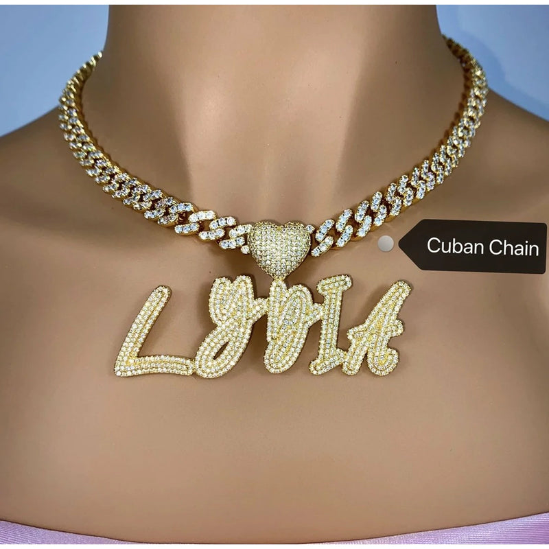 Customized Heart Cursive Pendant With Tennis Chain or Cuban Chain - Koanga